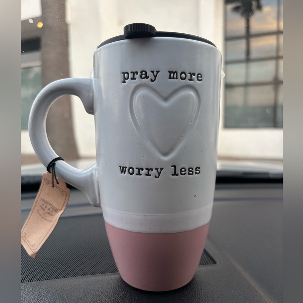 Inspirational White and Pink Ceramic Travel Mug